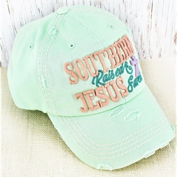 Ball Cap. "Southern Raised & Jesus Saved" Embroidered. Mint Green. - Picture 2 of 3